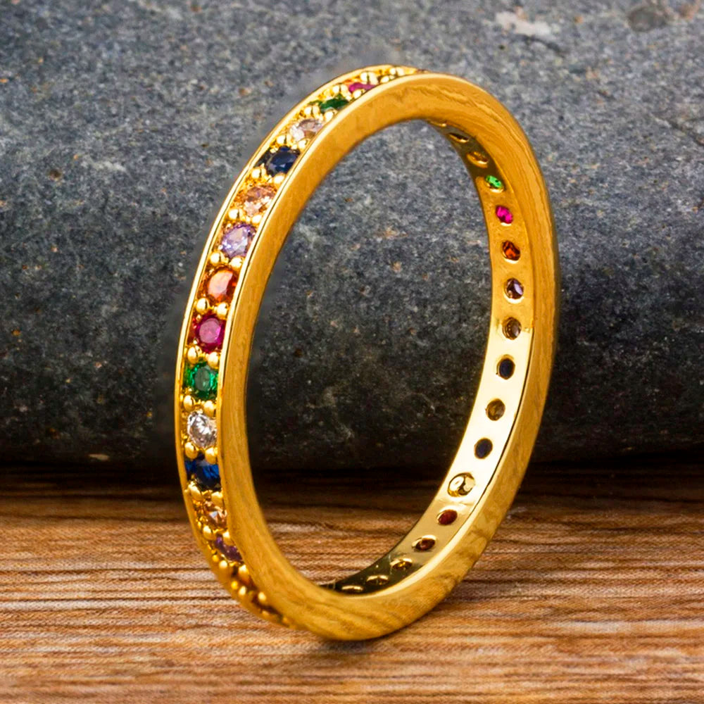 AIBEF Classic Simple Color Ring AAA Rainbow Mini Crystal Wedding Rings For Bridal Christmas Gift Women Jewelry Engagement Ring