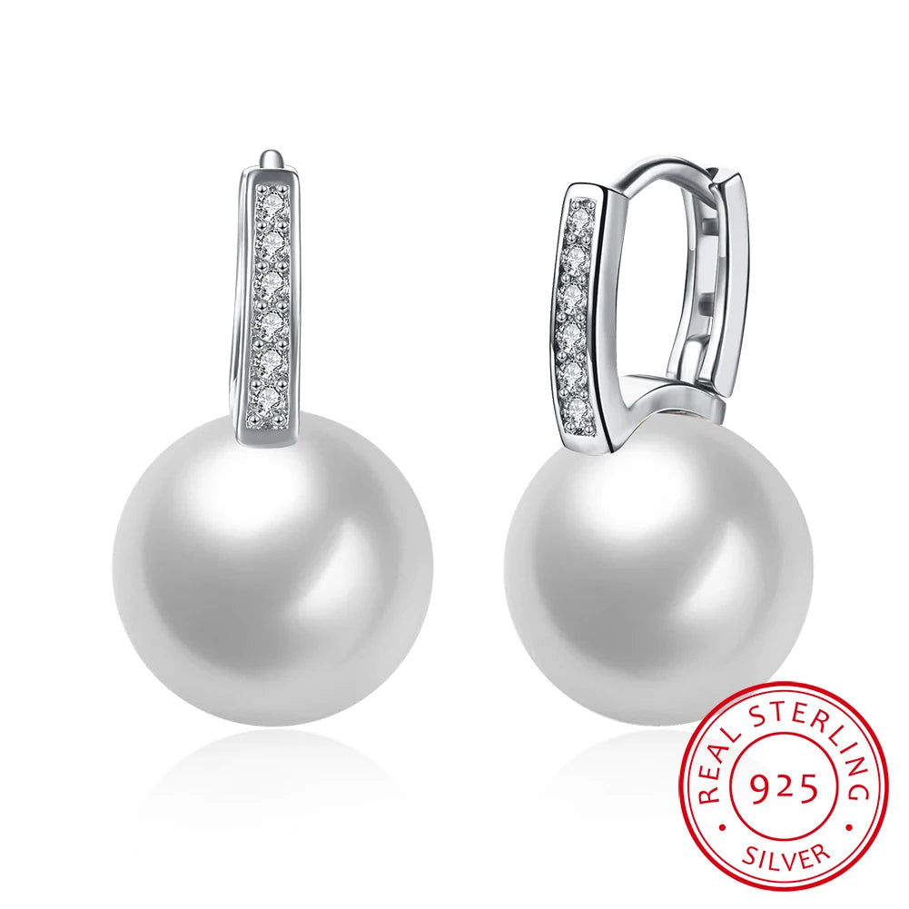 Sterling Silver Jewelry Earrings 925 Sterling Silver Crystal Pearl Hoop Earrings Brincos Pendientes de plata