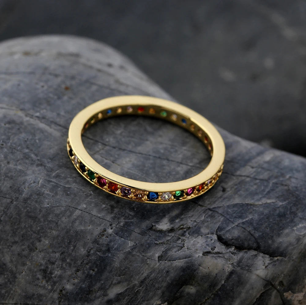 AIBEF Classic Simple Color Ring AAA Rainbow Mini Crystal Wedding Rings For Bridal Christmas Gift Women Jewelry Engagement Ring