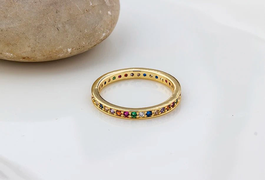 AIBEF Classic Simple Color Ring AAA Rainbow Mini Crystal Wedding Rings For Bridal Christmas Gift Women Jewelry Engagement Ring
