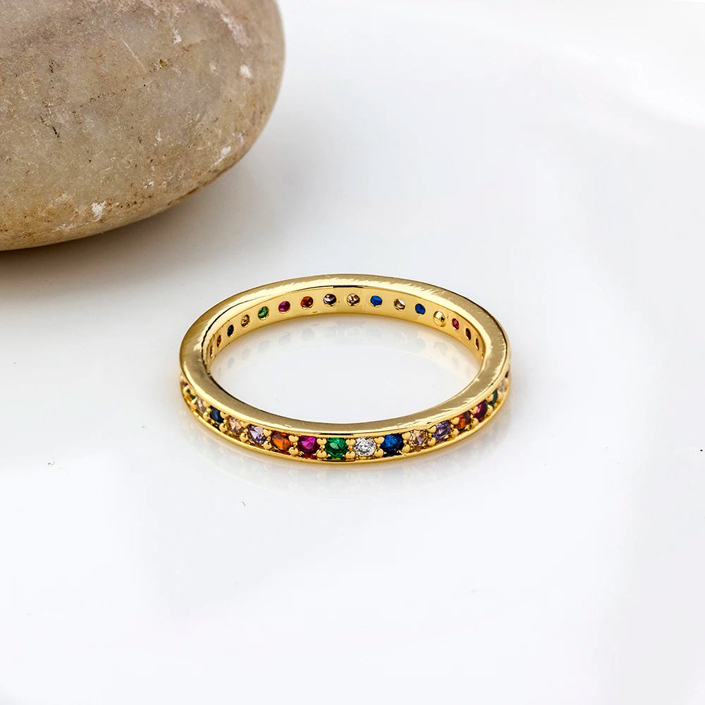 AIBEF Classic Simple Color Ring AAA Rainbow Mini Crystal Wedding Rings For Bridal Christmas Gift Women Jewelry Engagement Ring