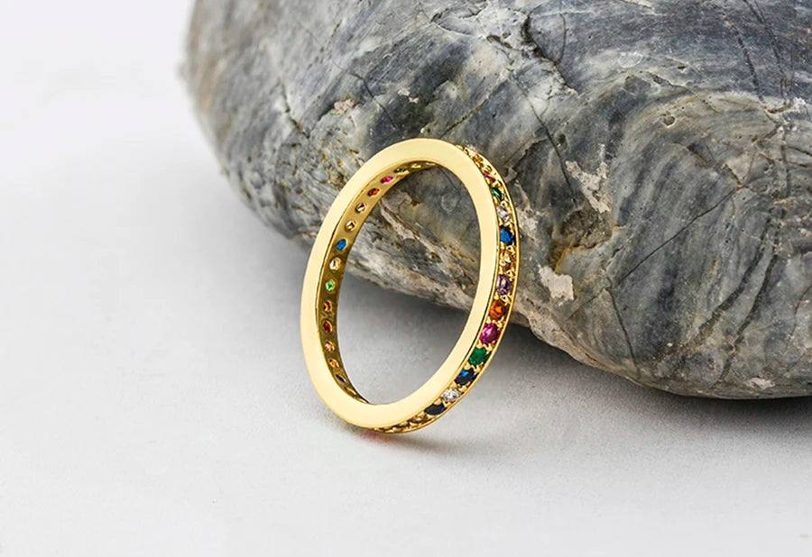 AIBEF Classic Simple Color Ring AAA Rainbow Mini Crystal Wedding Rings For Bridal Christmas Gift Women Jewelry Engagement Ring