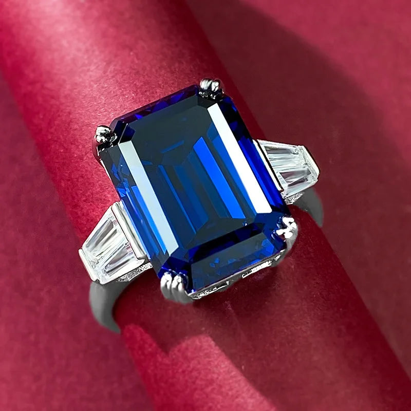 Fashion Jewelry S925 Sterling Silver Emerald Cut 10 * 14 Royal Blue Ring for Women in Europe and America