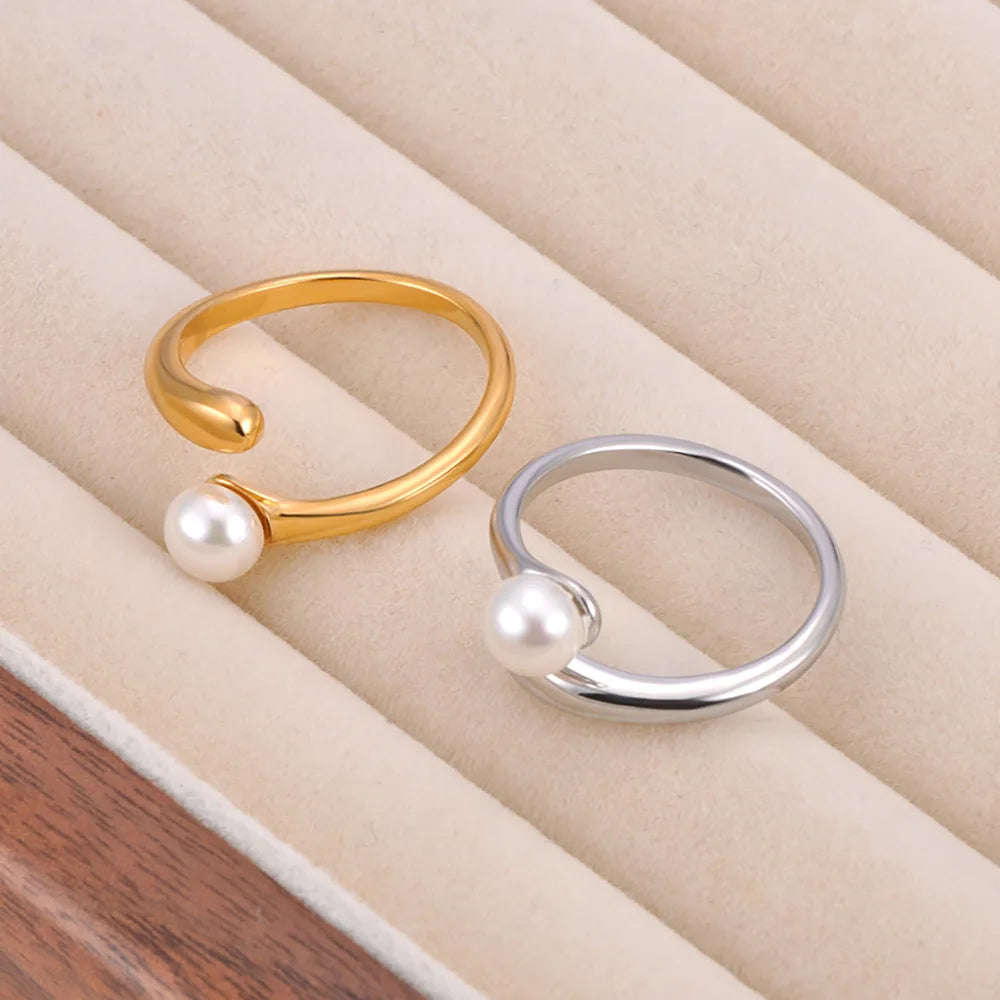 Lokaer Korean Style Imitation Pearls Open Rings for Women 18K PVD Plated Adjustable Stainless Steel Fashion Jewelry New R24078