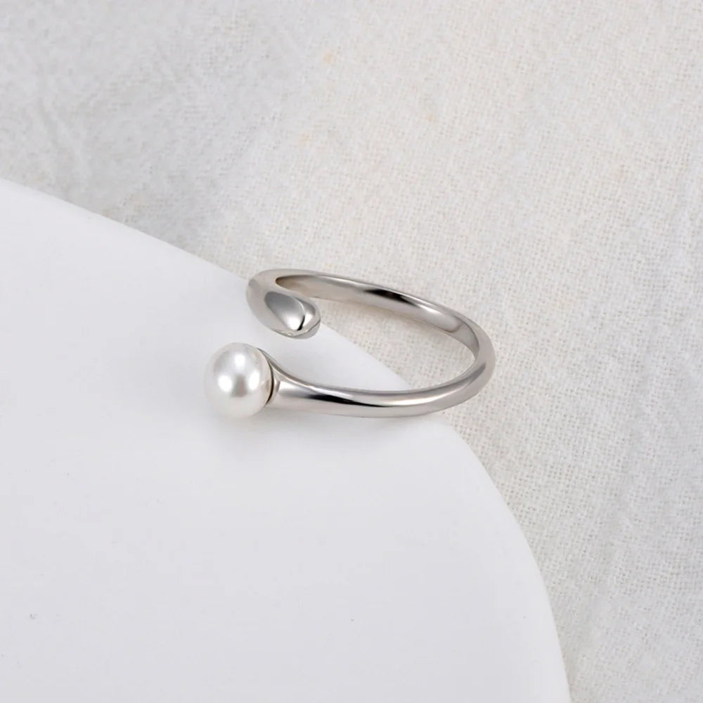 Lokaer Korean Style Imitation Pearls Open Rings for Women 18K PVD Plated Adjustable Stainless Steel Fashion Jewelry New R24078