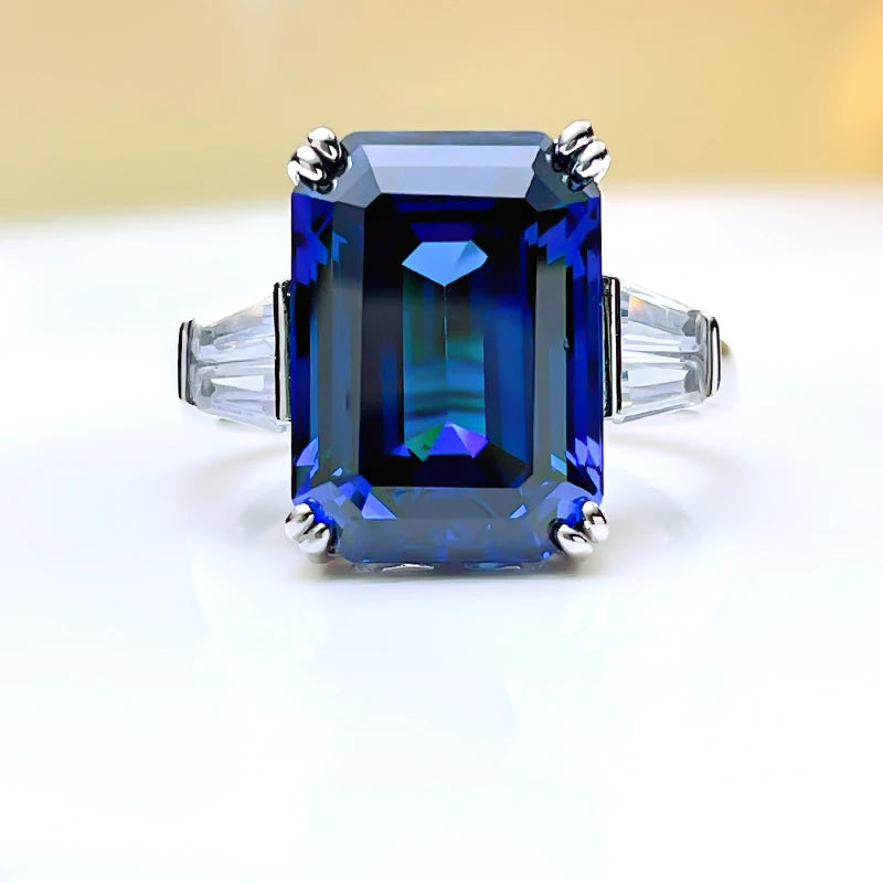Fashion Jewelry S925 Sterling Silver Emerald Cut 10 * 14 Royal Blue Ring for Women in Europe and America