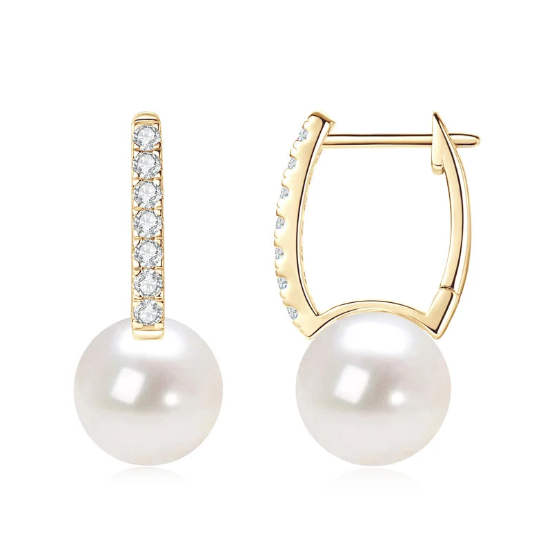 Real 925 Sterling Silver Hoops for Women 10mm Natural Freshwater Pearl Drop Earrings with 1.8mm Moissanite Diamond Jewelry Gifts