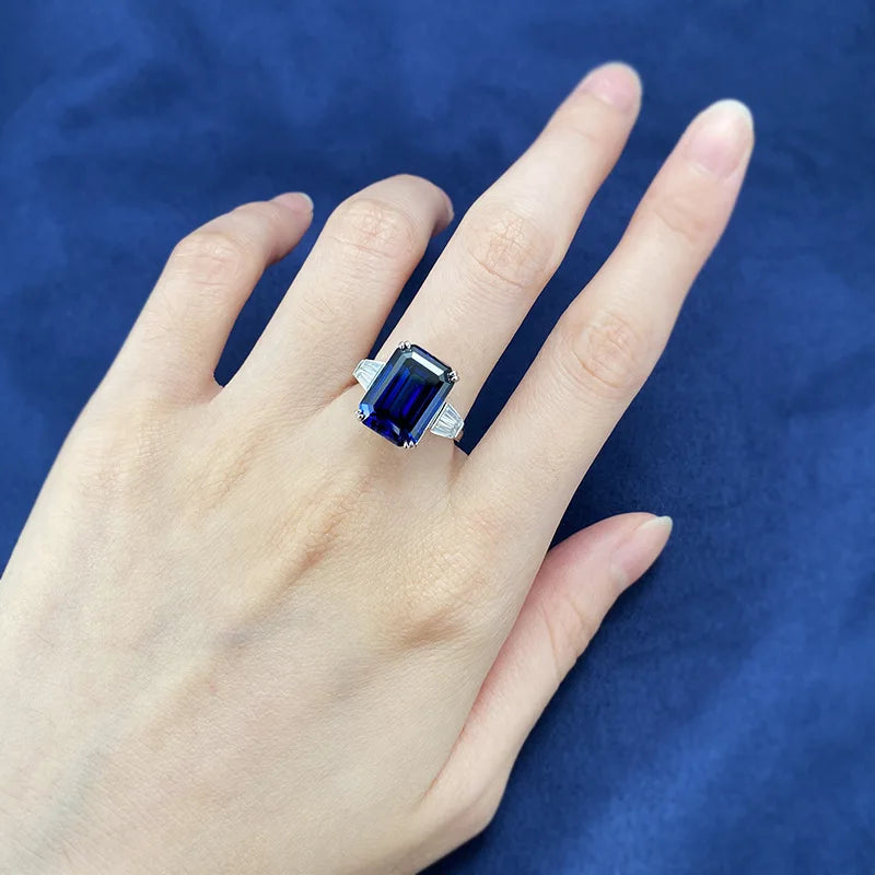 Fashion Jewelry S925 Sterling Silver Emerald Cut 10 * 14 Royal Blue Ring for Women in Europe and America