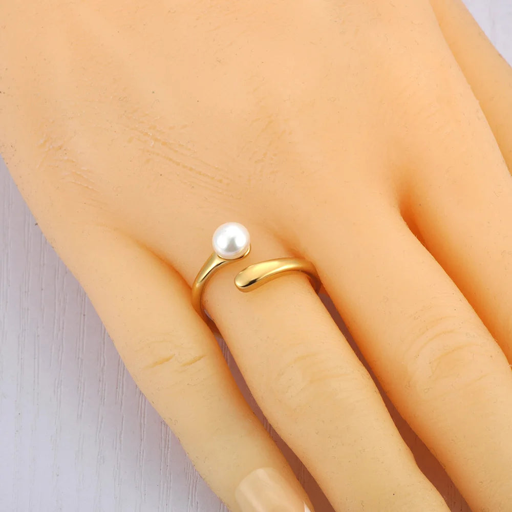 Lokaer Korean Style Imitation Pearls Open Rings for Women 18K PVD Plated Adjustable Stainless Steel Fashion Jewelry New R24078