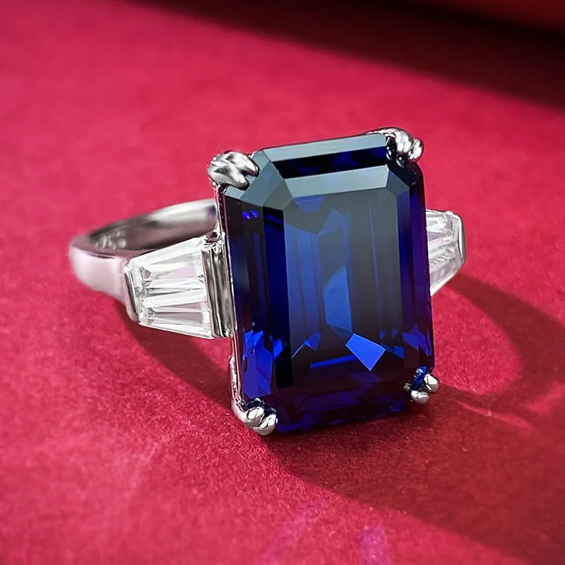 Fashion Jewelry S925 Sterling Silver Emerald Cut 10 * 14 Royal Blue Ring for Women in Europe and America