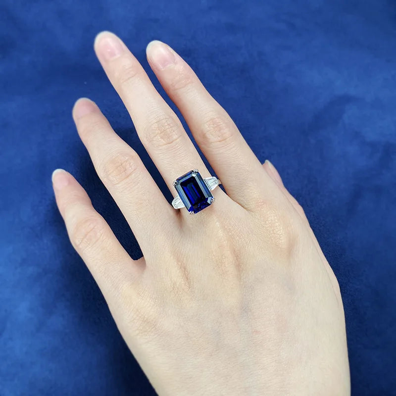 Fashion Jewelry S925 Sterling Silver Emerald Cut 10 * 14 Royal Blue Ring for Women in Europe and America