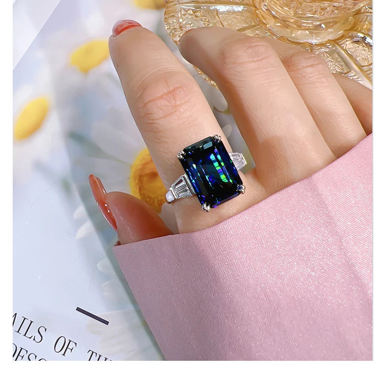 Fashion Jewelry S925 Sterling Silver Emerald Cut 10 * 14 Royal Blue Ring for Women in Europe and America