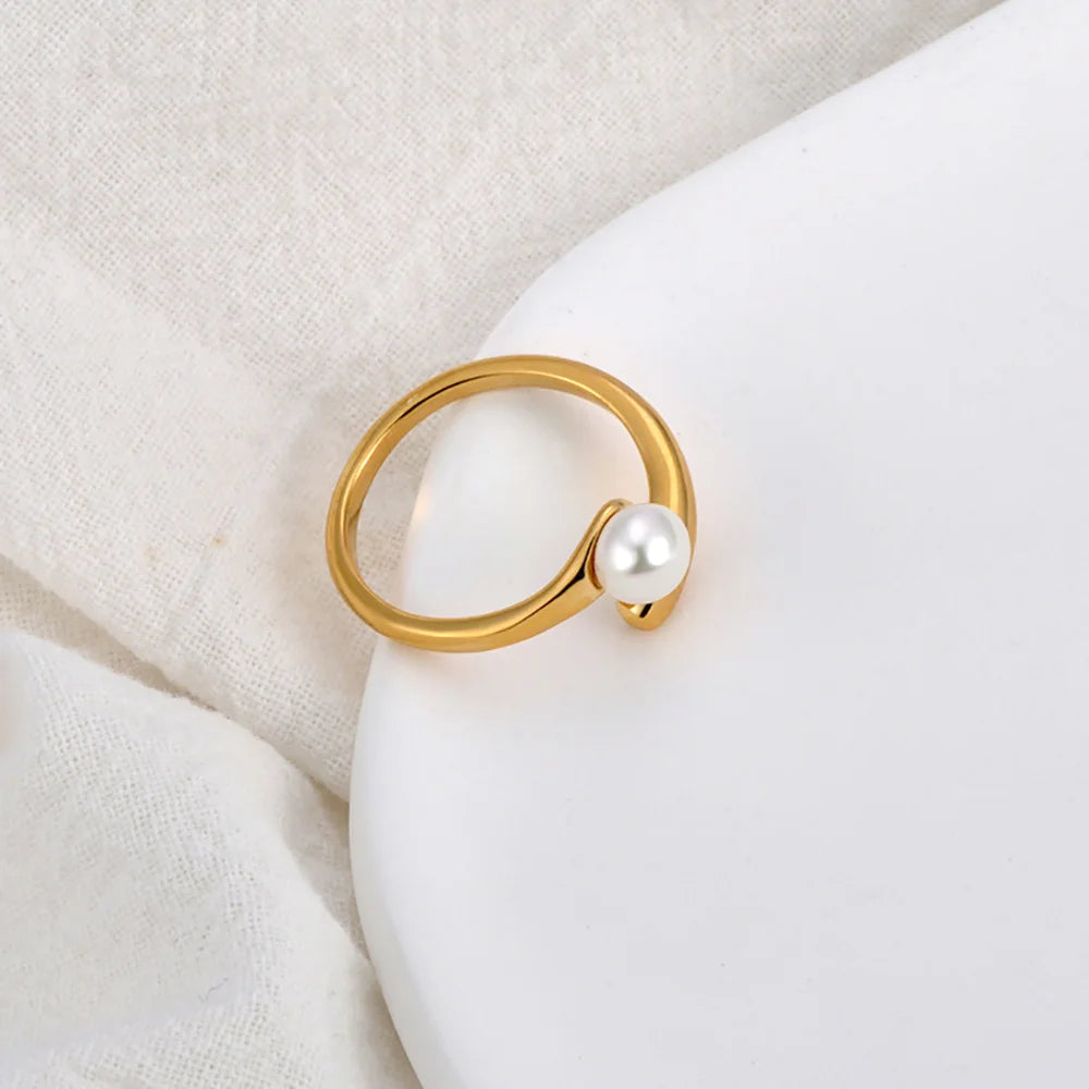 Lokaer Korean Style Imitation Pearls Open Rings for Women 18K PVD Plated Adjustable Stainless Steel Fashion Jewelry New R24078