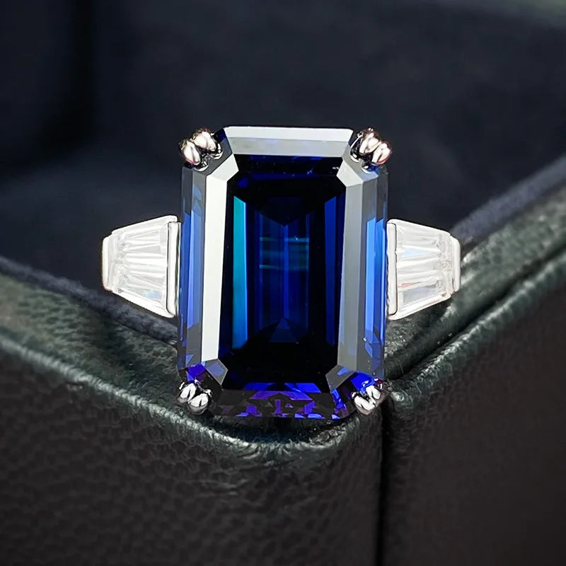Fashion Jewelry S925 Sterling Silver Emerald Cut 10 * 14 Royal Blue Ring for Women in Europe and America