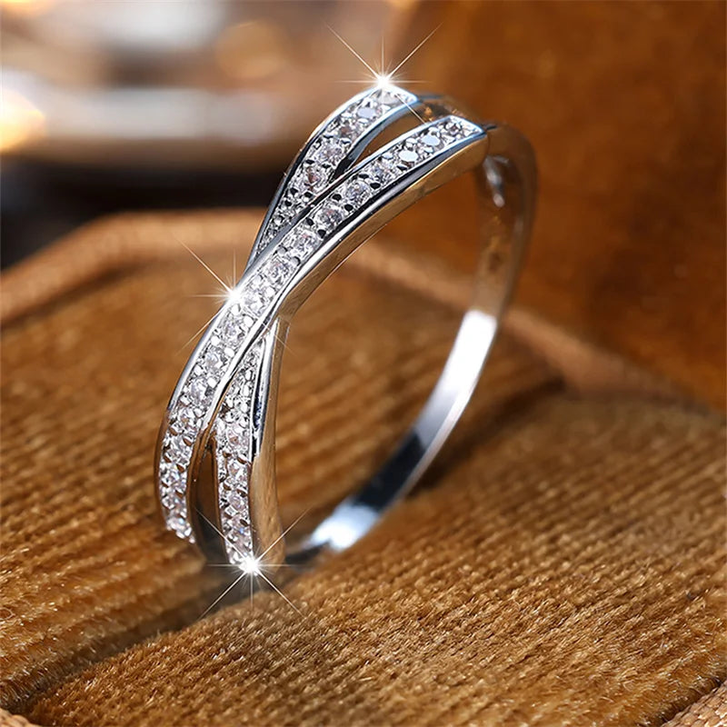 Minimalist Stacking Crossed Wedding Bands Black Gold Silver Color Blue Red Green Stone White Zircon Thin Rings For Women Jewelry