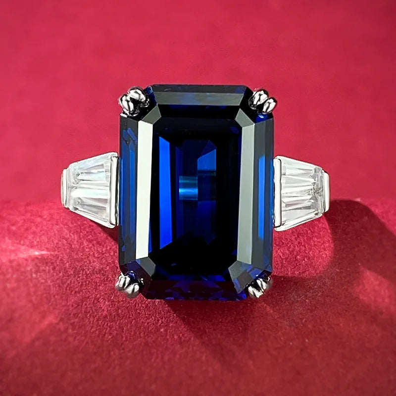 Fashion Jewelry S925 Sterling Silver Emerald Cut 10 * 14 Royal Blue Ring for Women in Europe and America