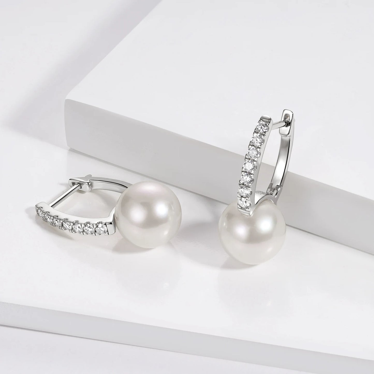 Real 925 Sterling Silver Hoops for Women 10mm Natural Freshwater Pearl Drop Earrings with 1.8mm Moissanite Diamond Jewelry Gifts