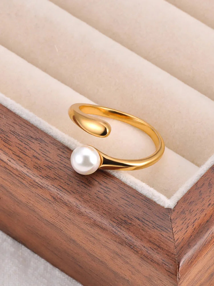 Lokaer Korean Style Imitation Pearls Open Rings for Women 18K PVD Plated Adjustable Stainless Steel Fashion Jewelry New R24078