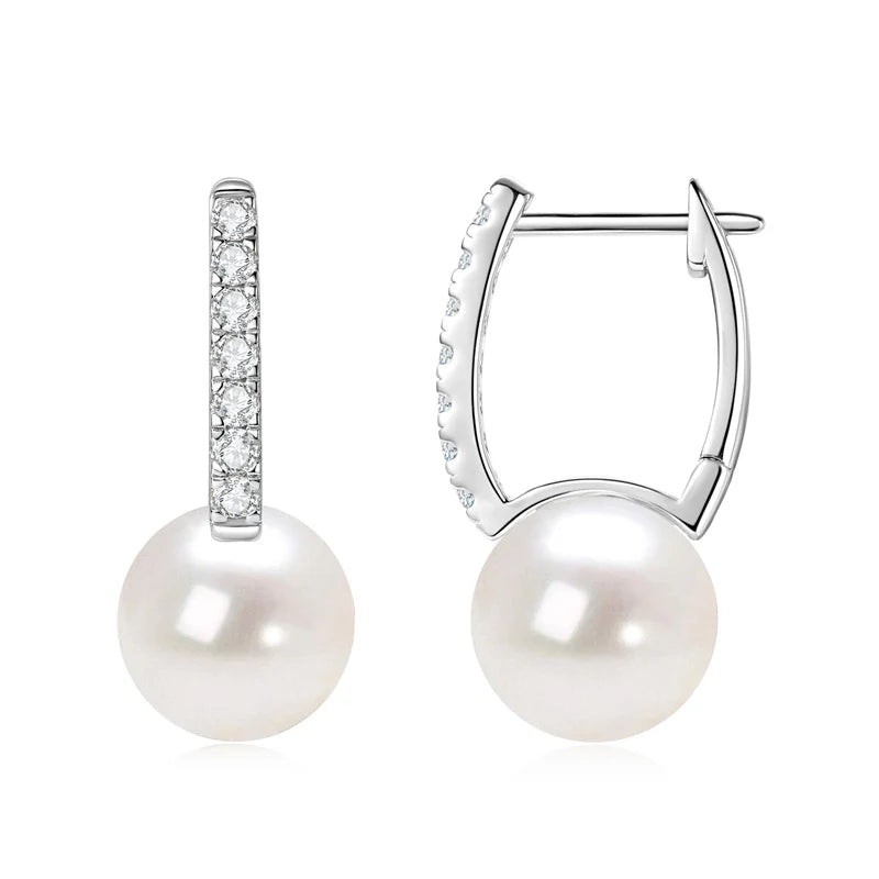 Real 925 Sterling Silver Hoops for Women 10mm Natural Freshwater Pearl Drop Earrings with 1.8mm Moissanite Diamond Jewelry Gifts