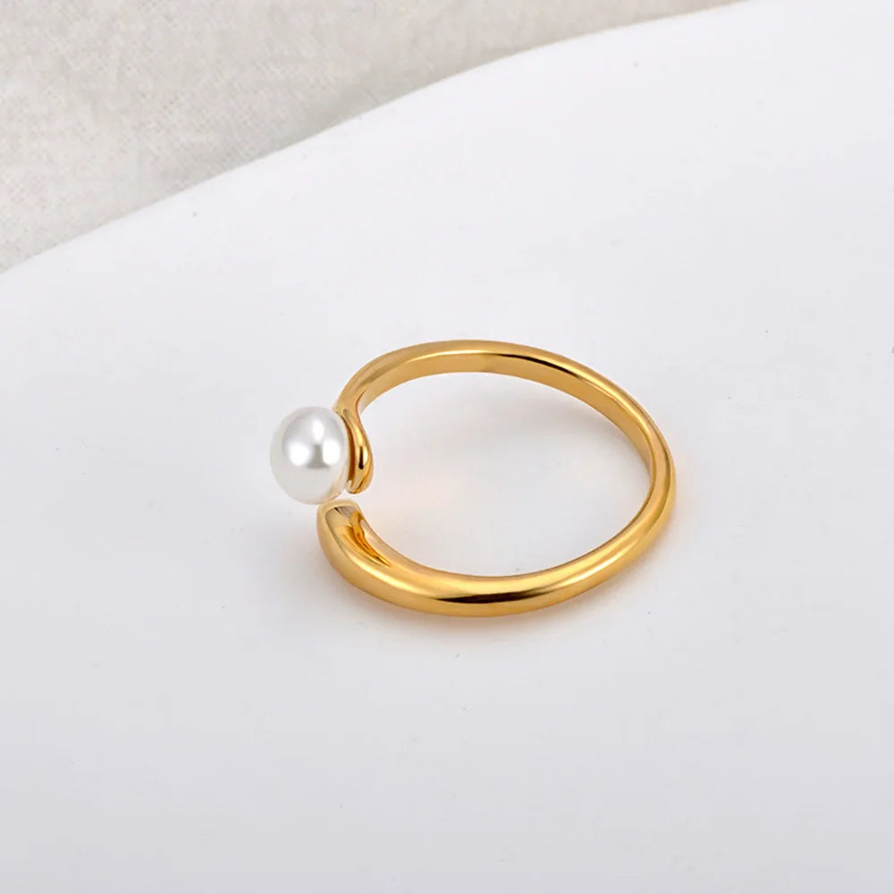 Lokaer Korean Style Imitation Pearls Open Rings for Women 18K PVD Plated Adjustable Stainless Steel Fashion Jewelry New R24078