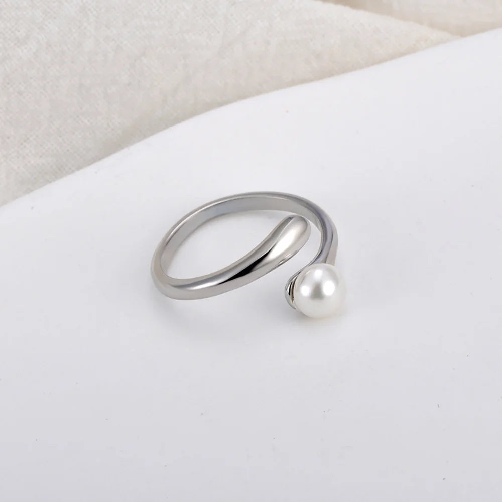 Lokaer Korean Style Imitation Pearls Open Rings for Women 18K PVD Plated Adjustable Stainless Steel Fashion Jewelry New R24078