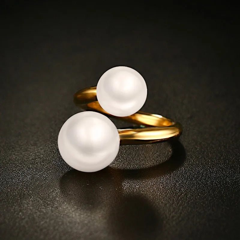 Meaeguet Fashion Gold-Color Simulated Pearl Rings For Woman Accent Bypass Open Stainless Steel Party Jewelry