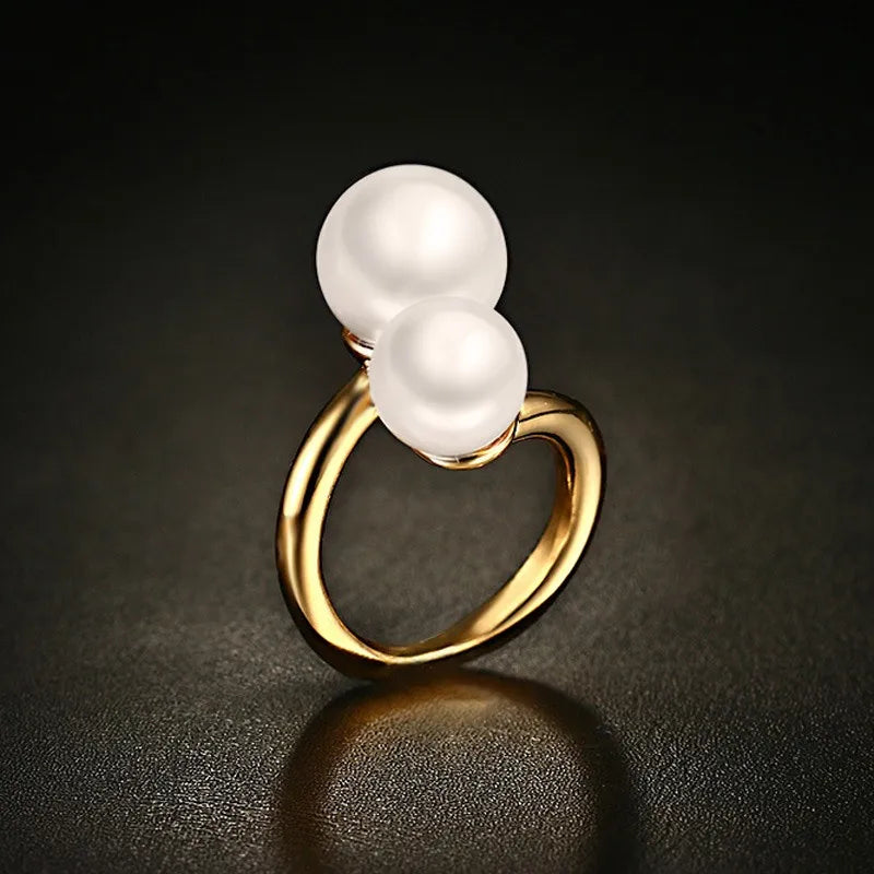 Meaeguet Fashion Gold-Color Simulated Pearl Rings For Woman Accent Bypass Open Stainless Steel Party Jewelry