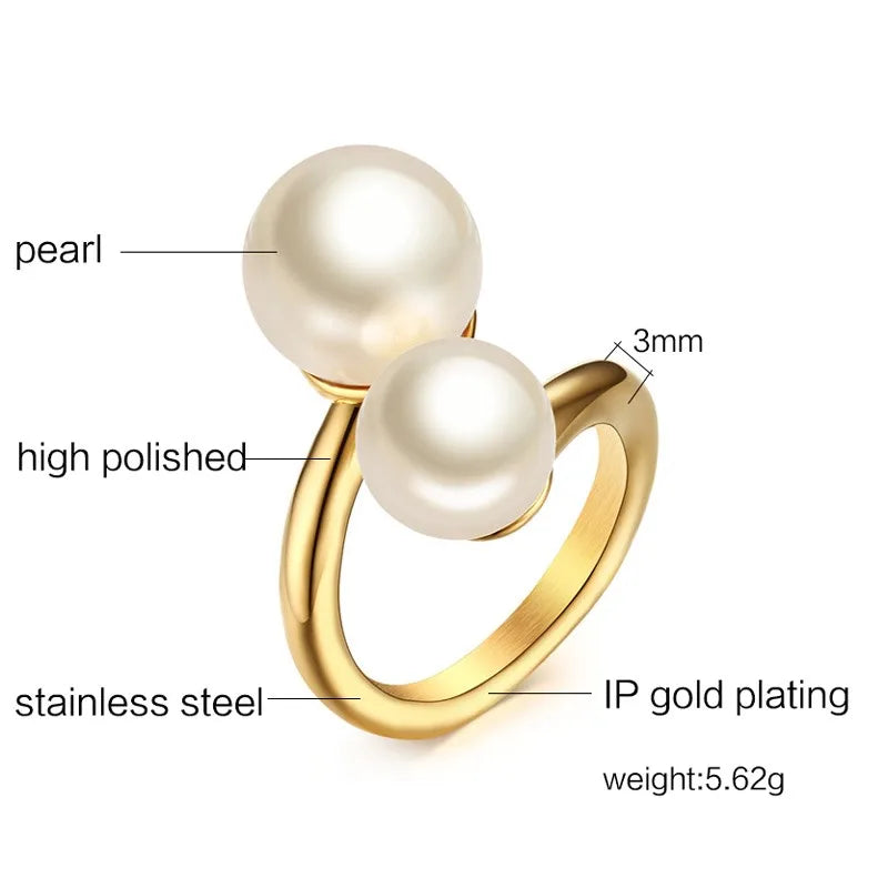 Meaeguet Fashion Gold-Color Simulated Pearl Rings For Woman Accent Bypass Open Stainless Steel Party Jewelry