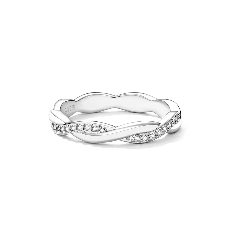 BAMOER 925 Sterling Silver Simple Twisted Ring 14K Gold Plated Cubic Zirconia Eternity Band for Women 3 Colors BSR248