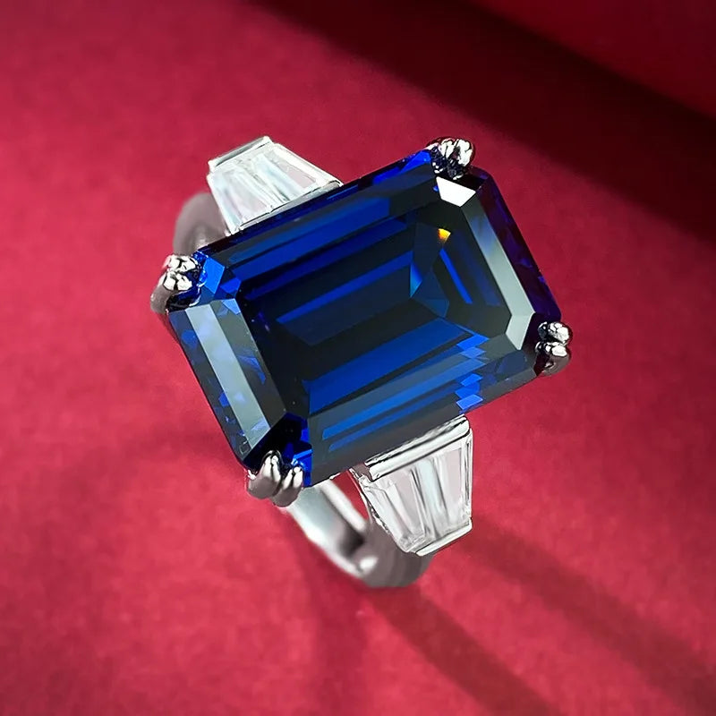Fashion Jewelry S925 Sterling Silver Emerald Cut 10 * 14 Royal Blue Ring for Women in Europe and America
