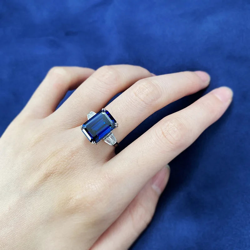 Fashion Jewelry S925 Sterling Silver Emerald Cut 10 * 14 Royal Blue Ring for Women in Europe and America