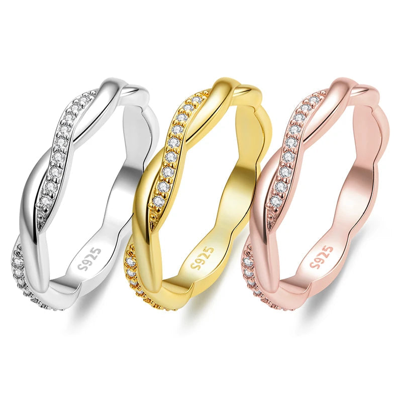BAMOER 925 Sterling Silver Simple Twisted Ring 14K Gold Plated Cubic Zirconia Eternity Band for Women 3 Colors BSR248