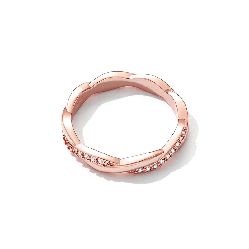 BAMOER 925 Sterling Silver Simple Twisted Ring 14K Gold Plated Cubic Zirconia Eternity Band for Women 3 Colors BSR248