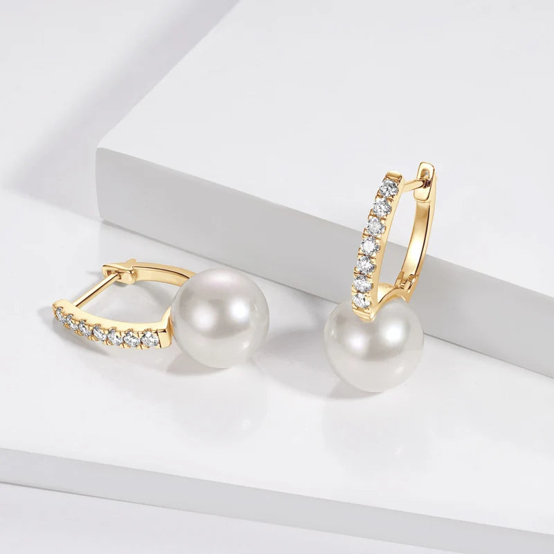 Real 925 Sterling Silver Hoops for Women 10mm Natural Freshwater Pearl Drop Earrings with 1.8mm Moissanite Diamond Jewelry Gifts