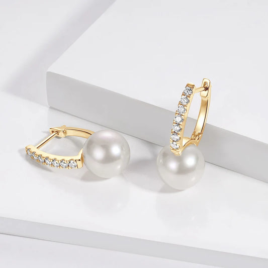 Real 925 Sterling Silver Hoops for Women 10mm Natural Freshwater Pearl Drop Earrings with 1.8mm Moissanite Diamond Jewelry Gifts
