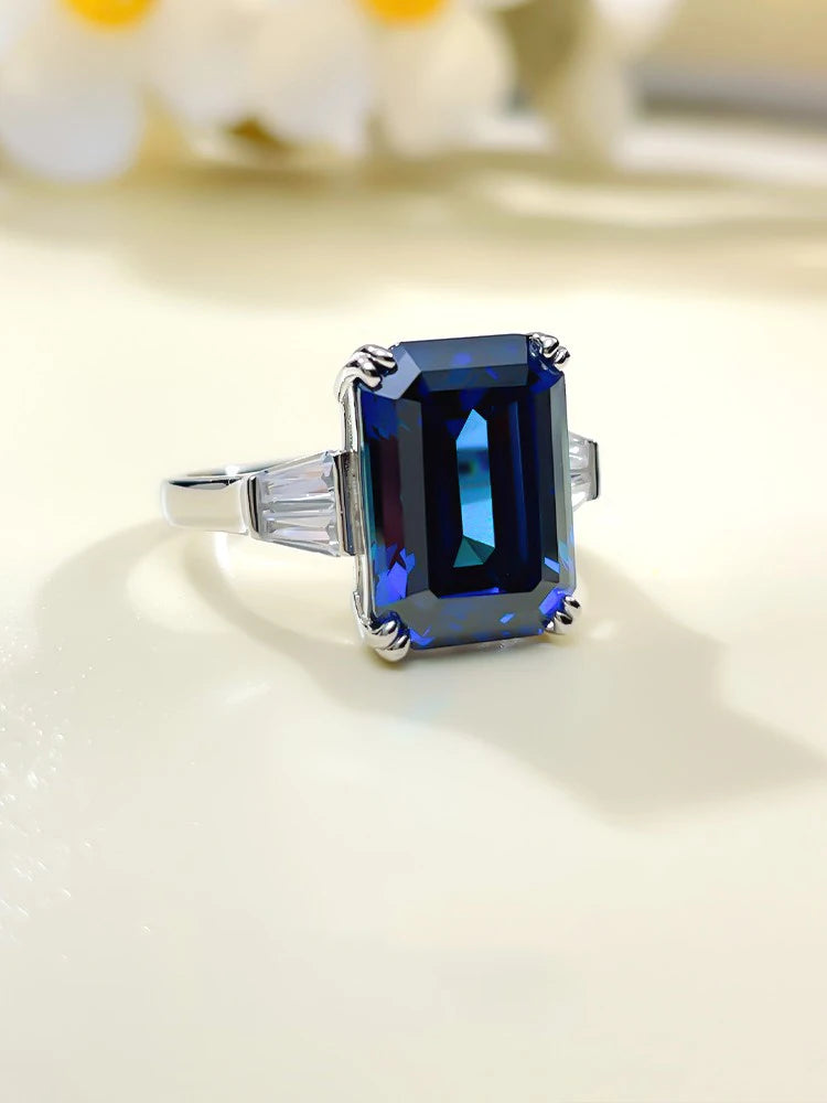 Fashion Jewelry S925 Sterling Silver Emerald Cut 10 * 14 Royal Blue Ring for Women in Europe and America